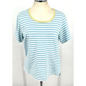Quacker Factory Womens T-Shirt Sz L Blue White Striped Rhinestones Short Sleeve